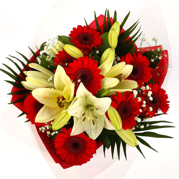 Stunning Red Gerbera & Lily Sympathy Flowers Bouquet