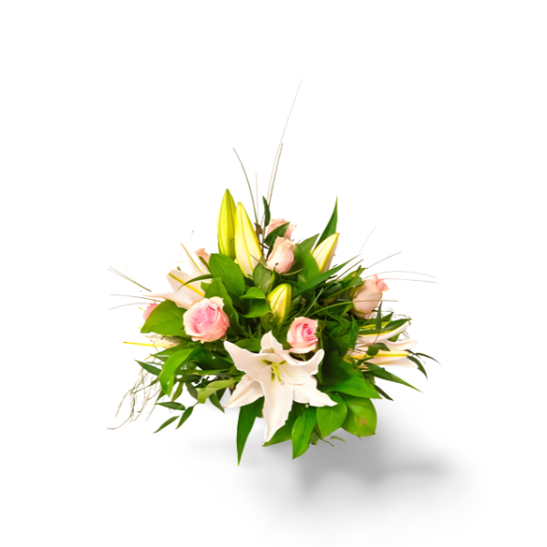 White Lillie & Pink Roses Funeral Posy Tribute